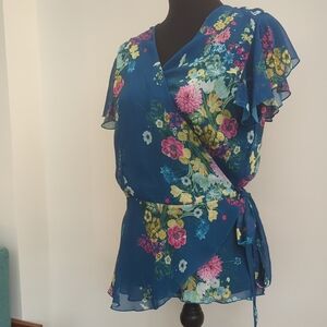 Sweet Pea Floral Wrap Blouse - Blue Pink Yellow - Women Tops